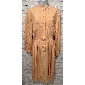 Vintage CASI 100% Silk Pleated Button Front Long Sleeve Tie Waist Dress Size 14
